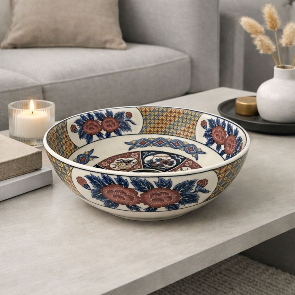 Japanese Arita Imari Bowl Blue Cream Gold Flowers Birds Vintage Porcelain 9 3/4"